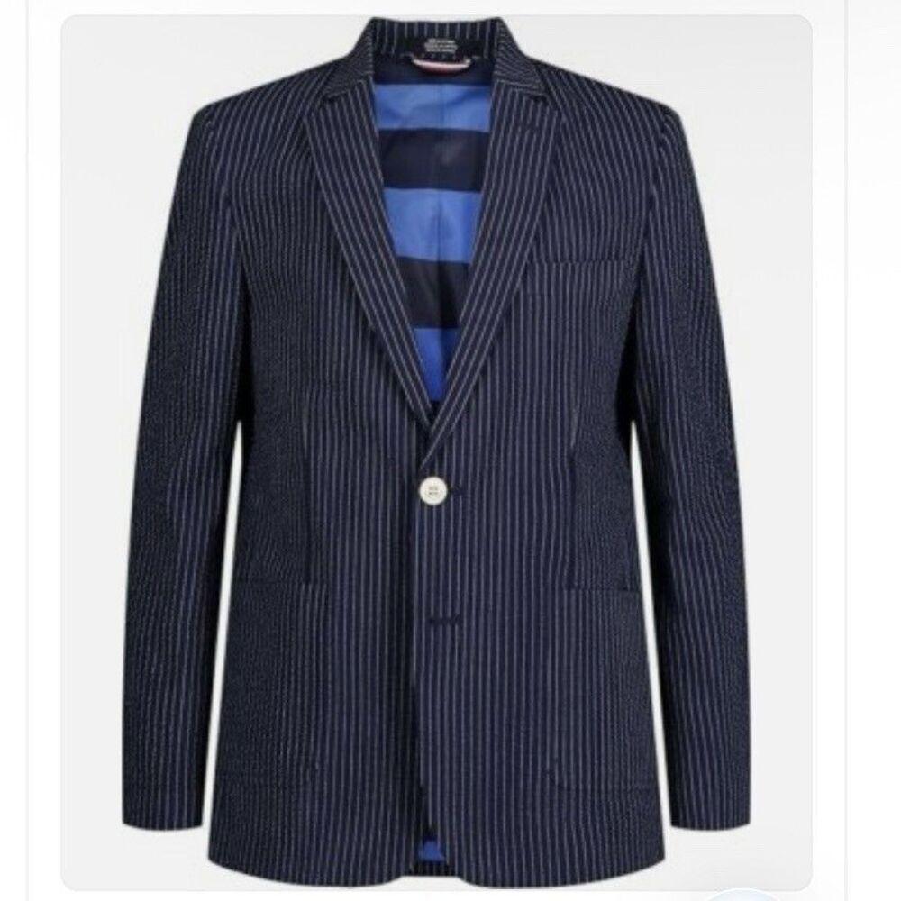 Tommy Hilfiger Boys Sz 20 Seersucker Stripe Suit Jacket Navy Flag Blue New $125